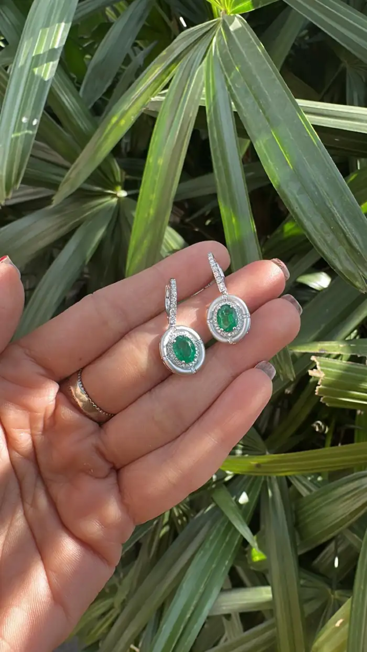 18k Matte Gold Handmade Earrings - Natural Zambian Emerald & Diamond Dangle Earrings