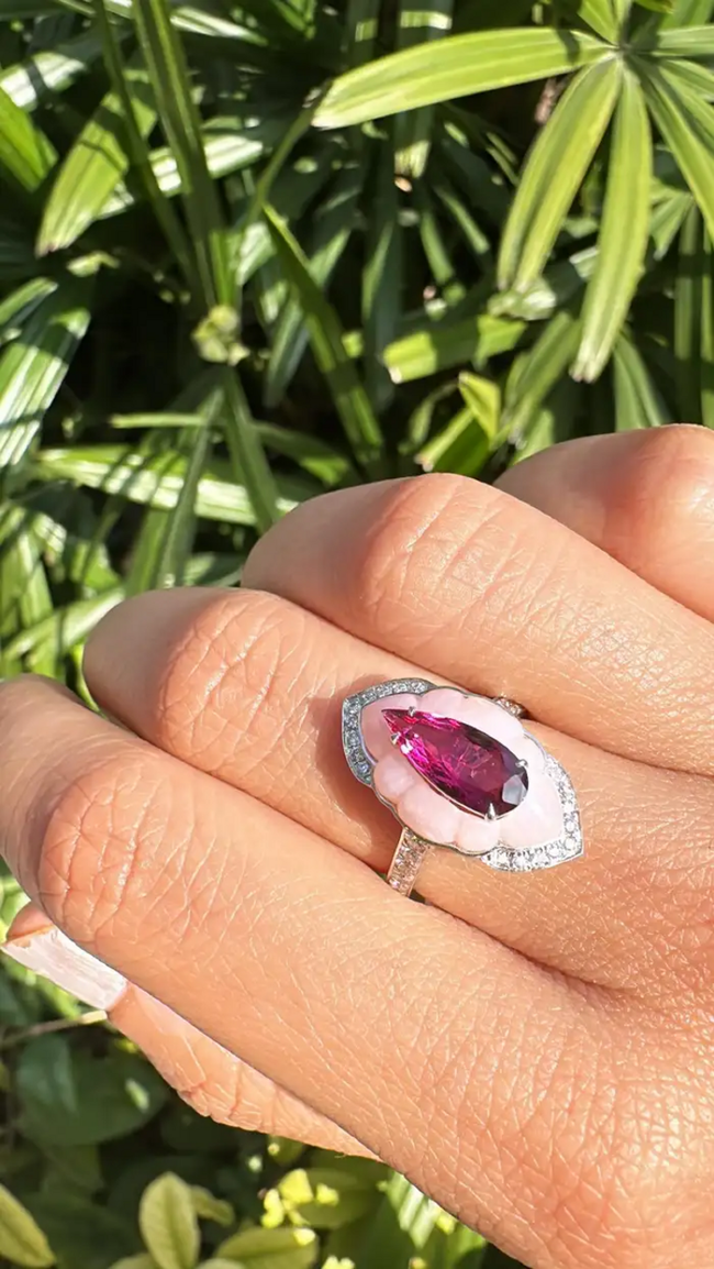 Natural Rubellite & Pink Opal Wedding Ring - 18k White Gold Handmade Diamond Ring Main Image