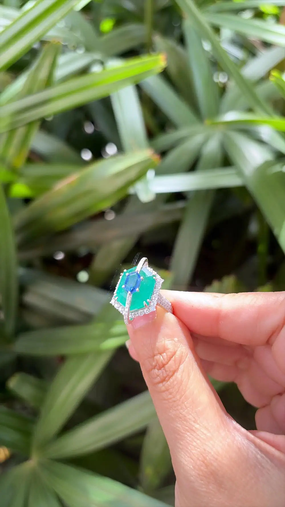 18k White Gold Diamond Cocktail Ring - Natural Zambian Emerald & Blue Sapphire Ring