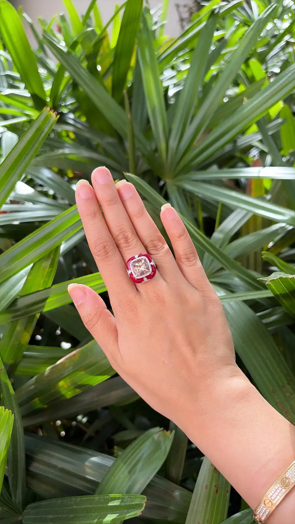18k White Gold Diamond Cocktail Ring - Natural Morganite & Red Enamel Anniversary Ring