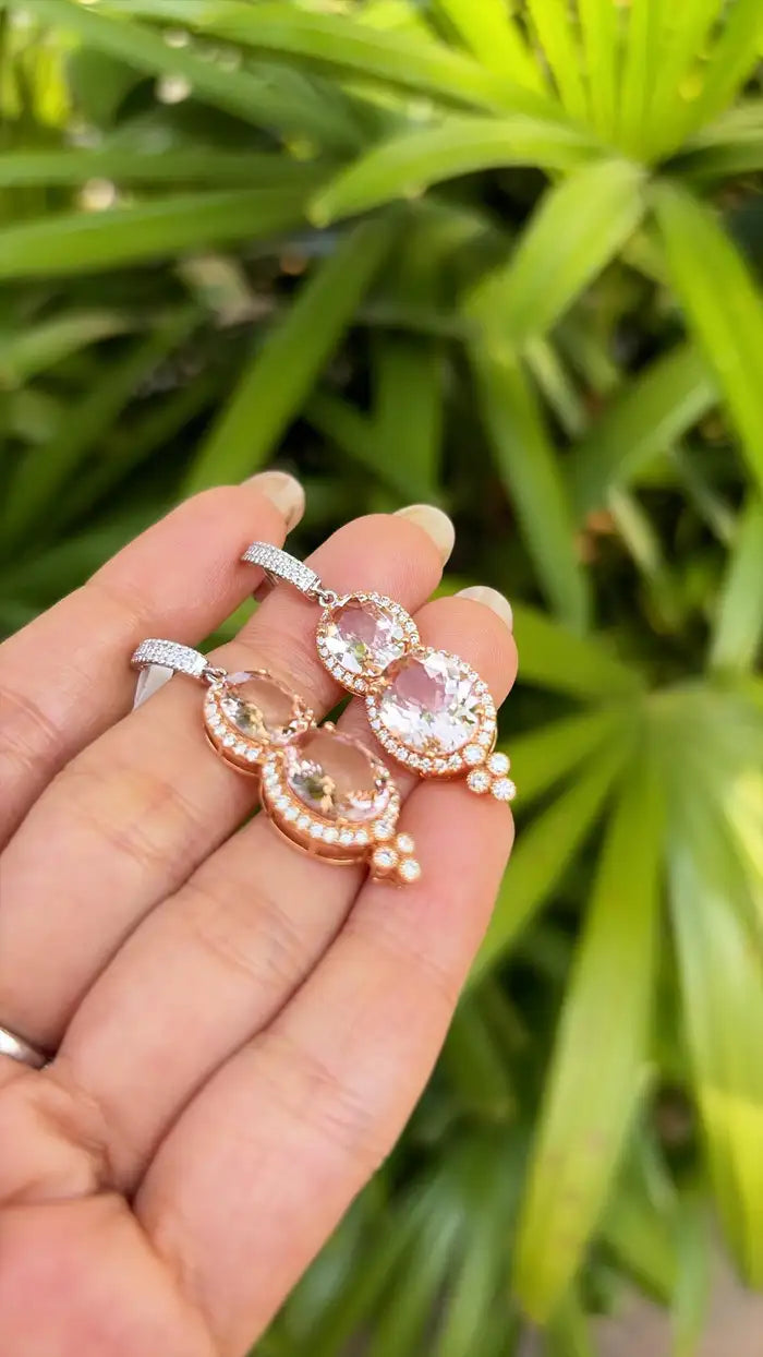 Natural Morganite & Diamond Dangle Earrings - 18k Rose Gold Handmade Earrings