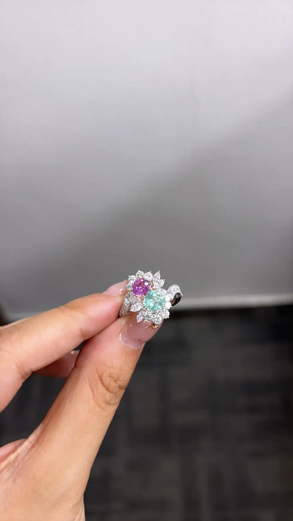 18k White Gold Diamond Toi et Moi Ring - Natural Pink Sapphire & Paraiba Tourmaline Cocktail Ring