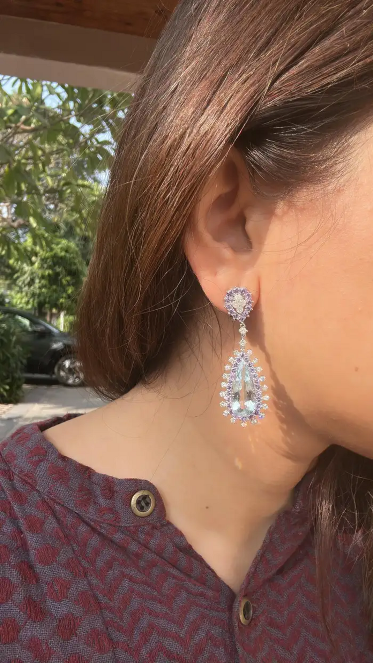 Natural Aquamarine & Purple Sapphire Dangle Earrings - 18K White Gold Diamond Drop Dangle Earrings