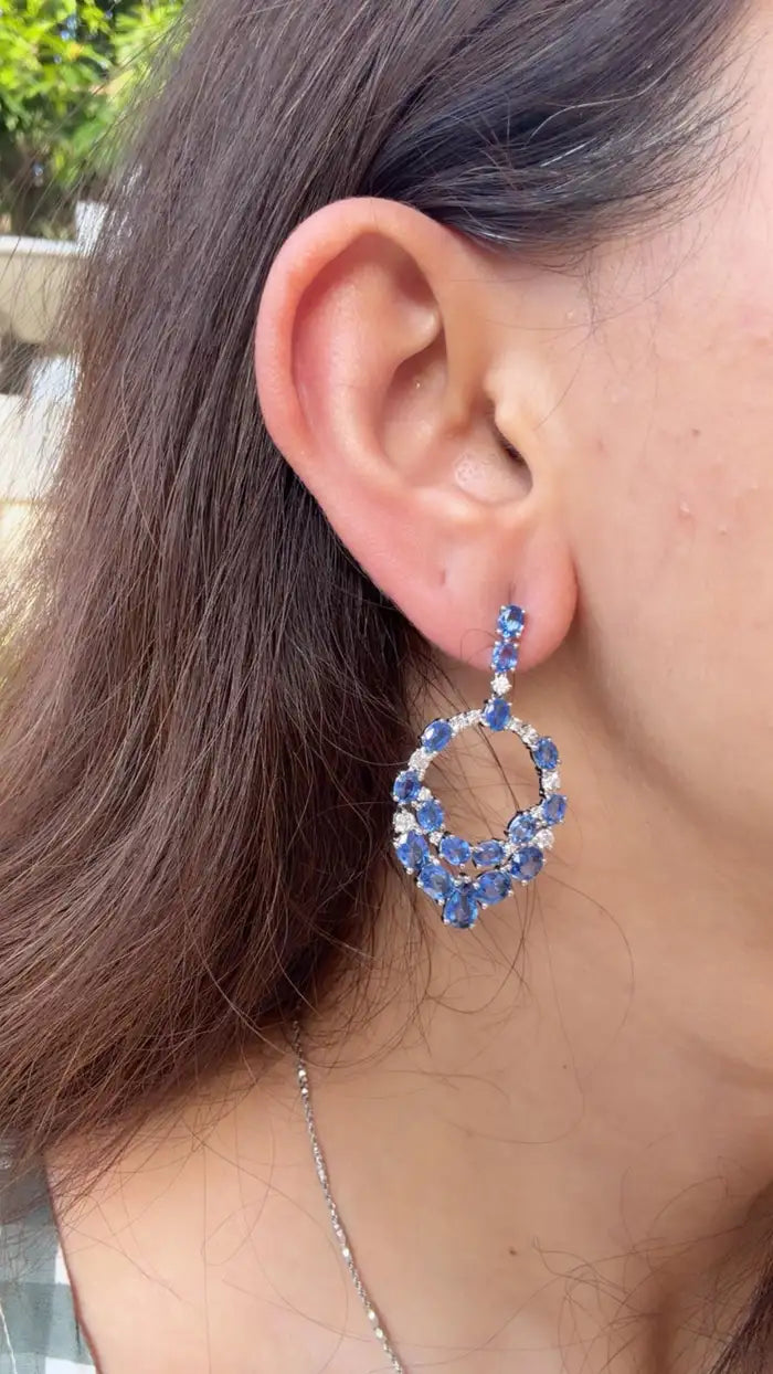 18k White Gold Diamond Handmade Earrings - Natural Blue Sapphire Dangle Earrings