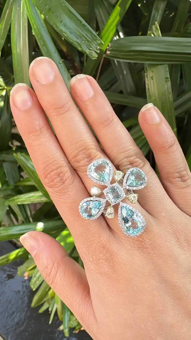 18k White Gold Statement Ring - Natural Aquamarine & Yellow Diamond Cocktail Ring