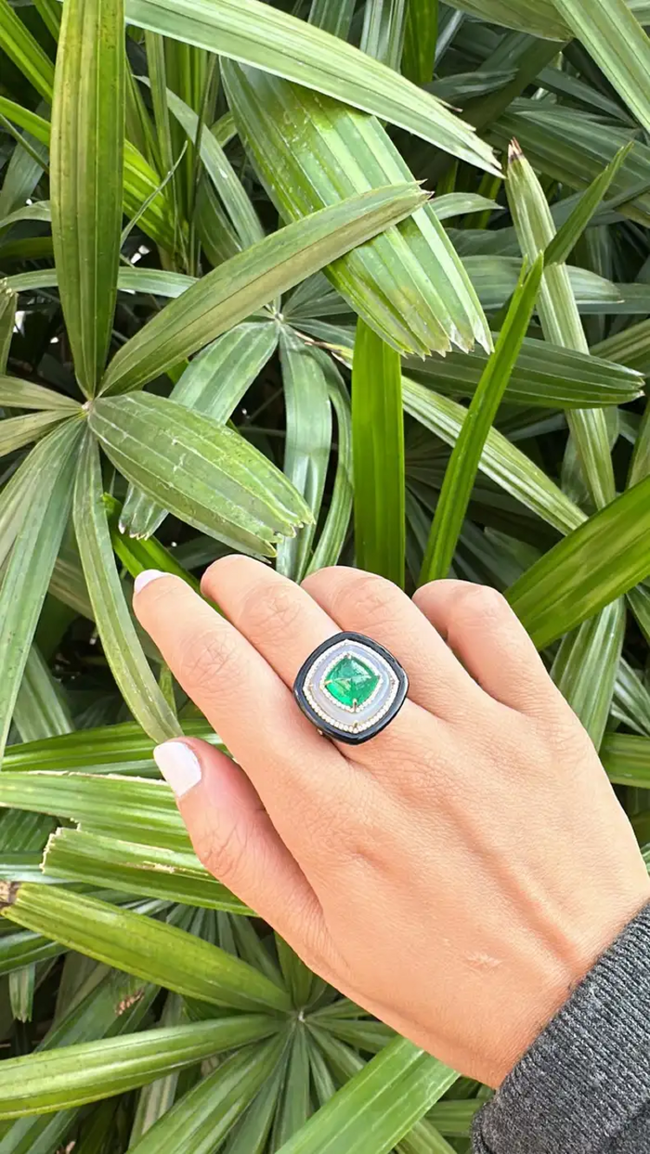 18K Yellow Gold Emerald Ring with Chalcedony, Black Onyx & Diamond Accents – Luxury Statement Jewelry Main Image