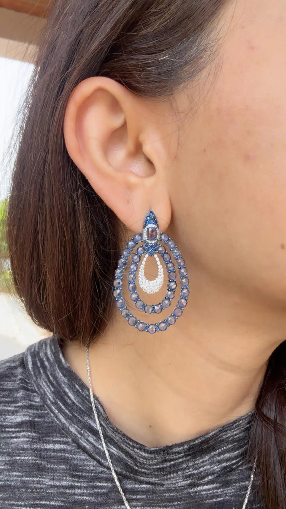 18k White Gold Diamond Dangle Earrings - Natural Blue Sapphire Gemstone Earrings