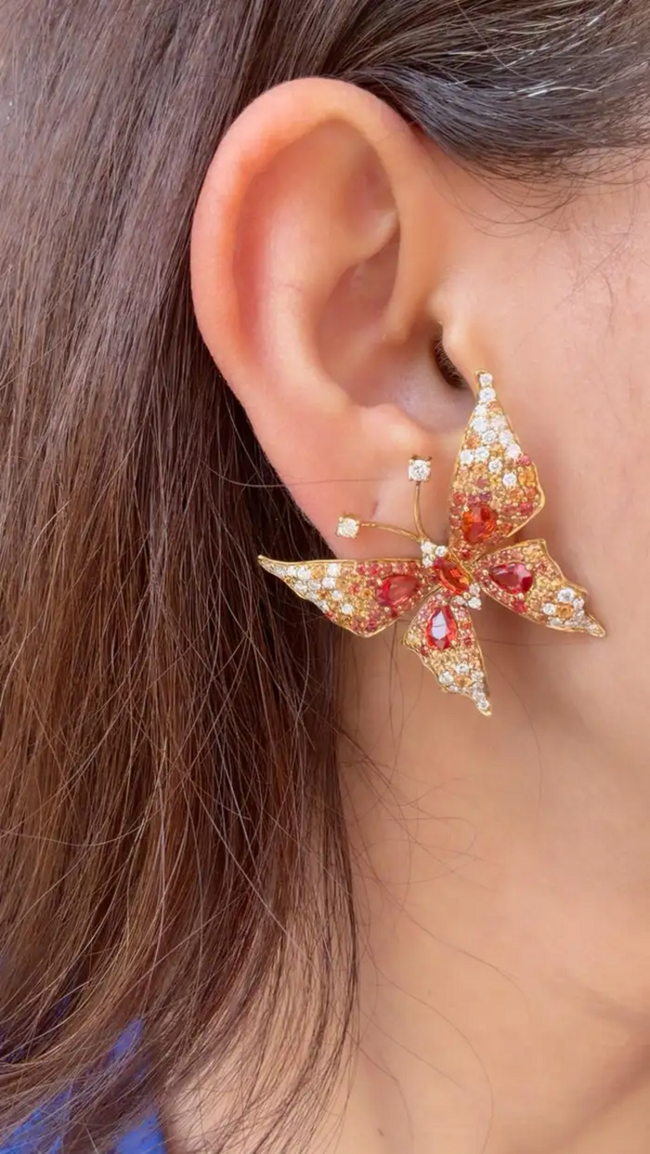 18k Yellow Gold Diamond Butterfly Stud Earrings - Natural Orange & Yellow Sapphire Earrings Main Image