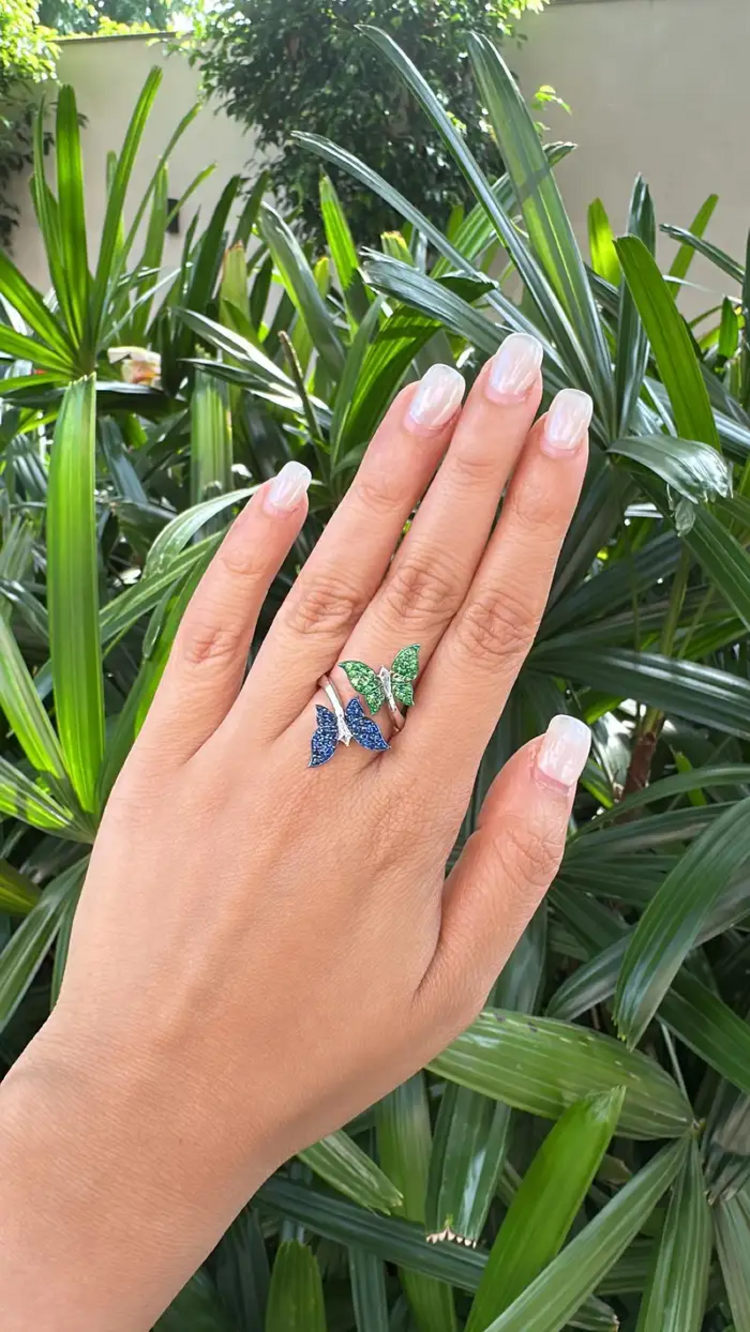 Natural Blue Sapphire & Tsavorites Ring - 18k White Gold Diamond Wrap Ring