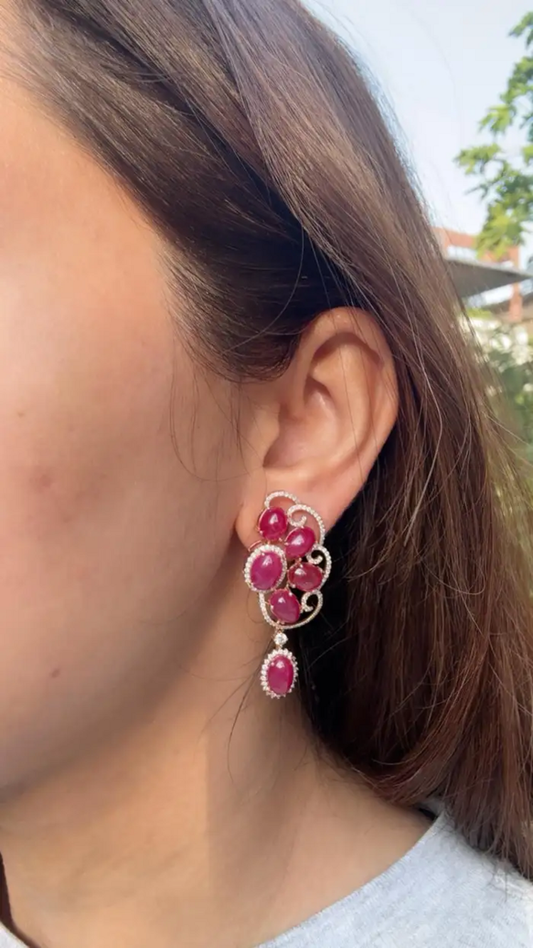 Natural Ruby Diamond Earrings - 18k Rose Gold Dangle Handmade Earrings