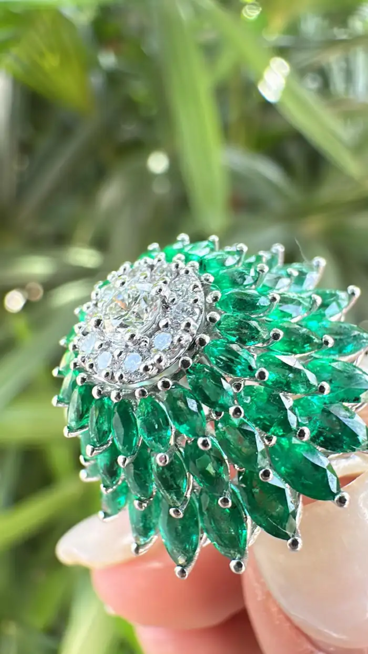 4.51 Ct. Zambian Emerald Wedding Ring - 18k White Gold Diamond Cluster Ring