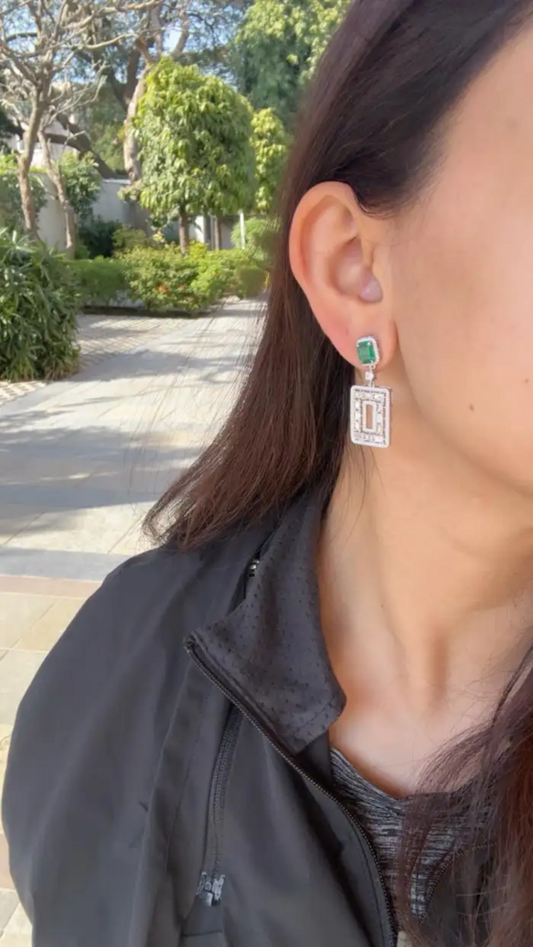 Natural Zambian Emerald & Diamond Dangle Earrings - 18k White Gold Handmade Earrings