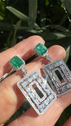 Natural Zambian Emerald & Diamond Dangle Earrings - 18k White Gold Handmade Earrings