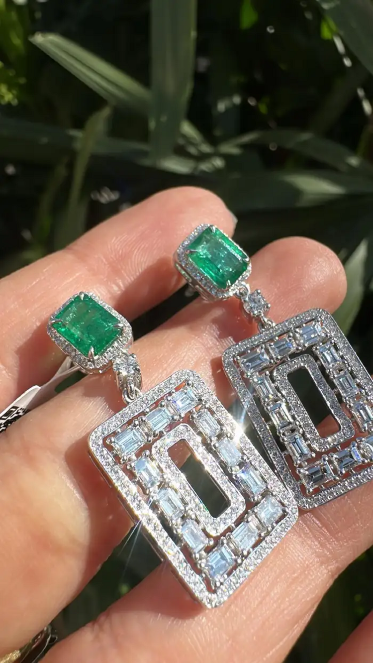 Natural Zambian Emerald & Diamond Dangle Earrings - 18k White Gold Handmade Earrings