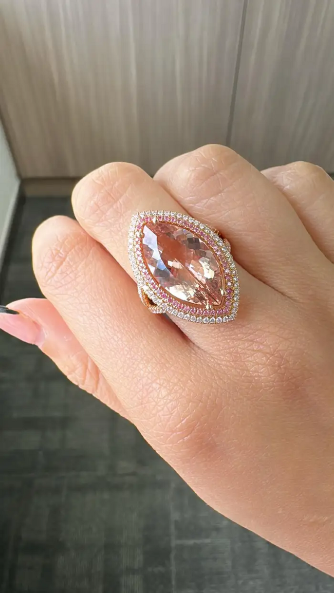 18k Rose Gold Diamond Cocktail Ring - Natural Morganite & Pink Sapphire Gemstone Ring Main Image
