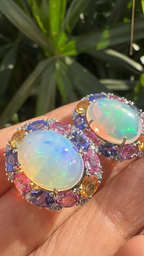 Ethiopian Opal, Tanzanite & Multi Sapphire Stud Earrings - 18k White Gold Diamond Earrings