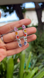 Natural Multi Sapphire Gemstone Dangle Earrings - 18k White Gold Diamond Earrings