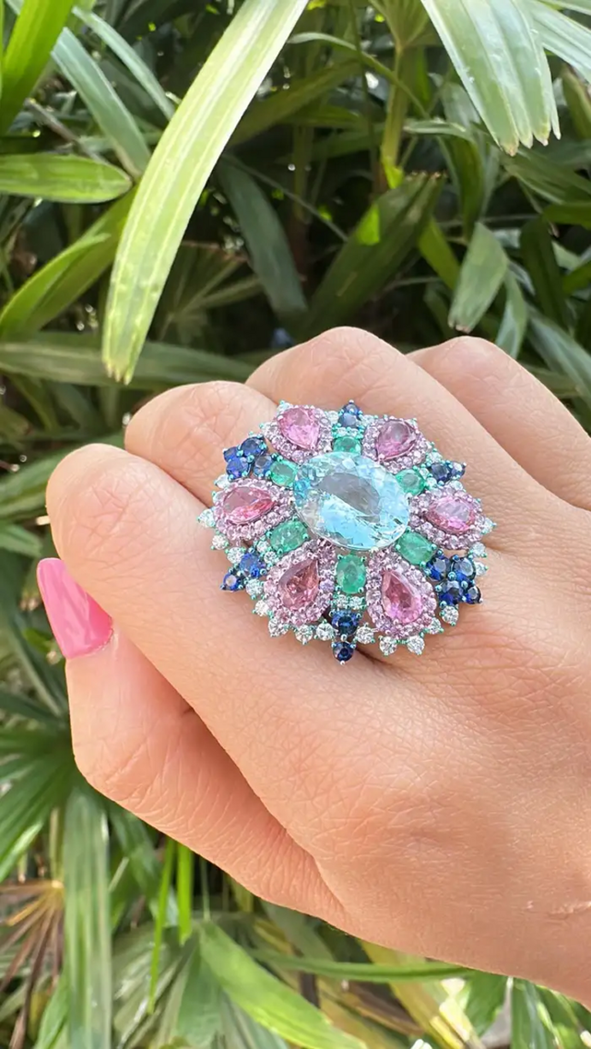 Natural Aquamarine, Sapphires & Emerald Statement Ring - 18k White Gold Diamond Wedding Ring Main Image