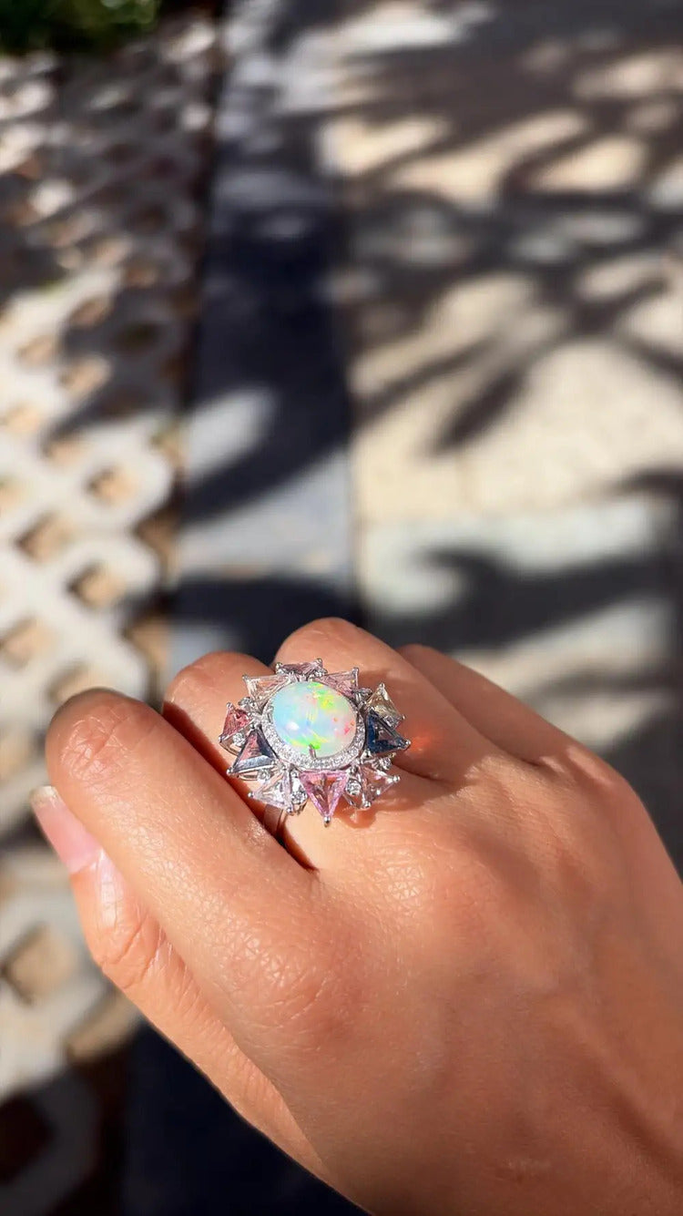 18k White Gold Diamond Cocktail Ring - Natural Ethiopian Opal & Multi Sapphire Ring