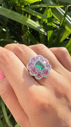 Natural Ceylon Pink Sapphire & Zambian Emerald Gemstone Gold Cocktail Ring - 18k White Gold Diamond Wedding Ring