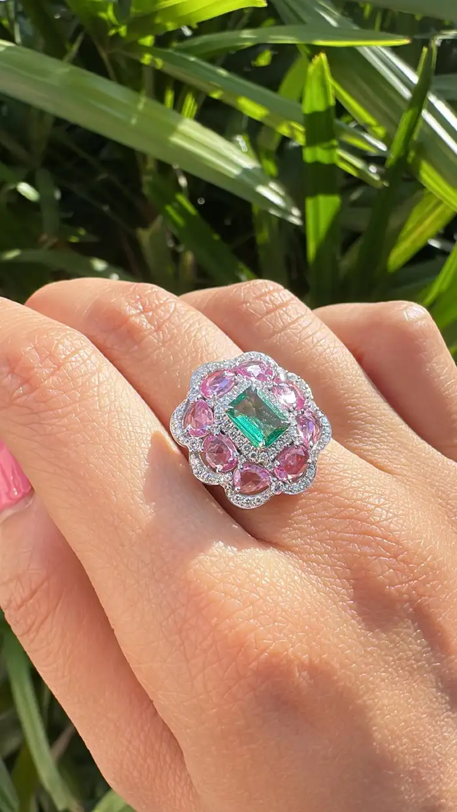 Natural Ceylon Pink Sapphire & Zambian Emerald Gemstone Gold Cocktail Ring - 18k White Gold Diamond Wedding Ring Main Image