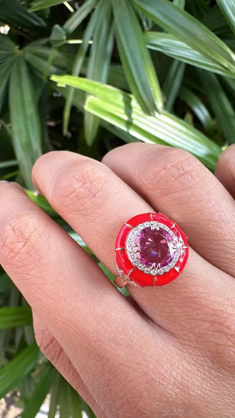 18k Gold Diamond Minimalist Ring - Natural Pink Sapphire & Red Enamel Ring - Party Wear Ring