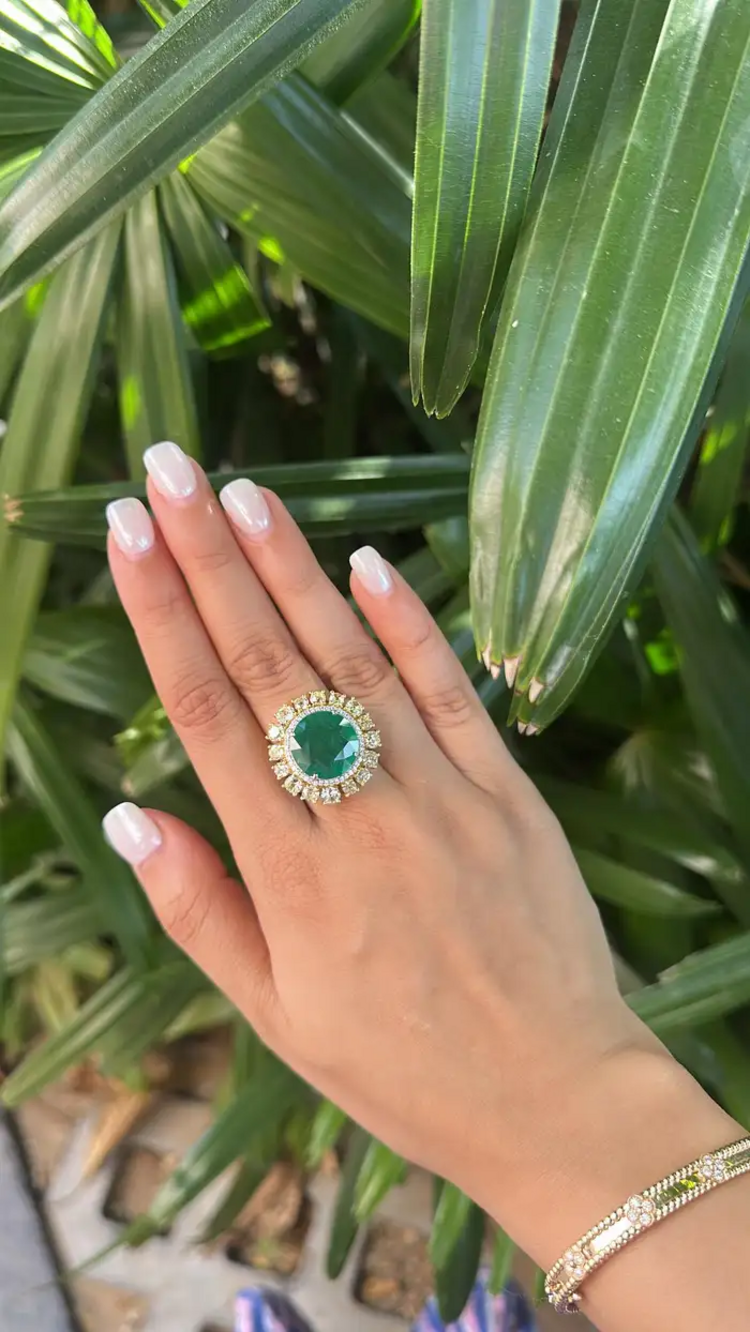 18k White Gold Diamond Cocktail Ring - Natural Zambian Emerald Wedding Ring