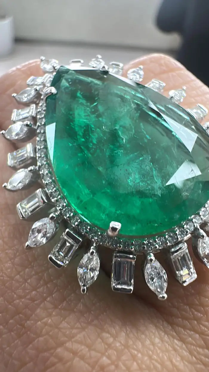 18k White Gold Diamond Ring - Natural Zambian Emerald Cocktail Ring