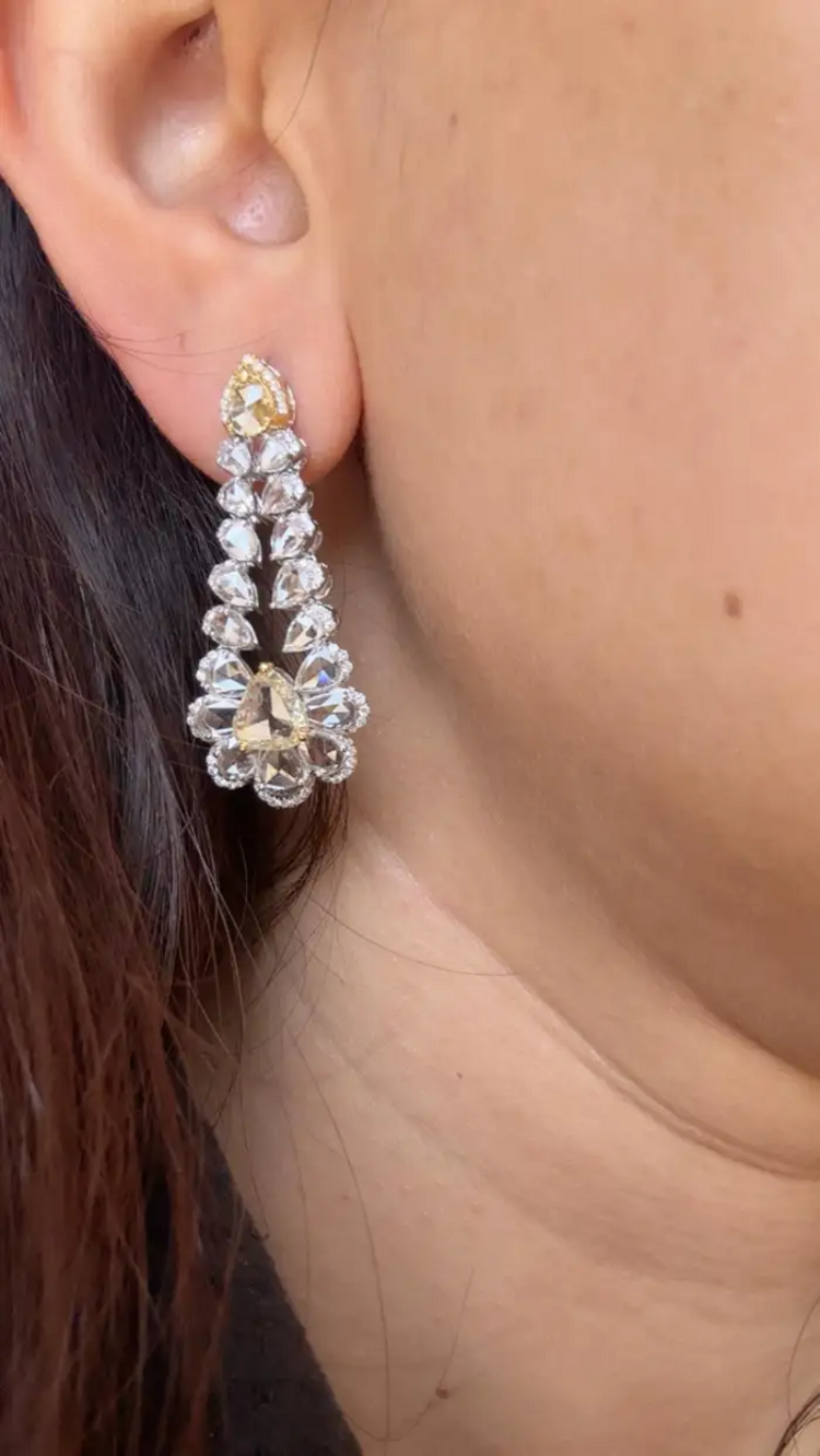 Natural Yellow & White Rose Cut Diamond Dangle Earrings - 18k White Gold Chandelier Earrings