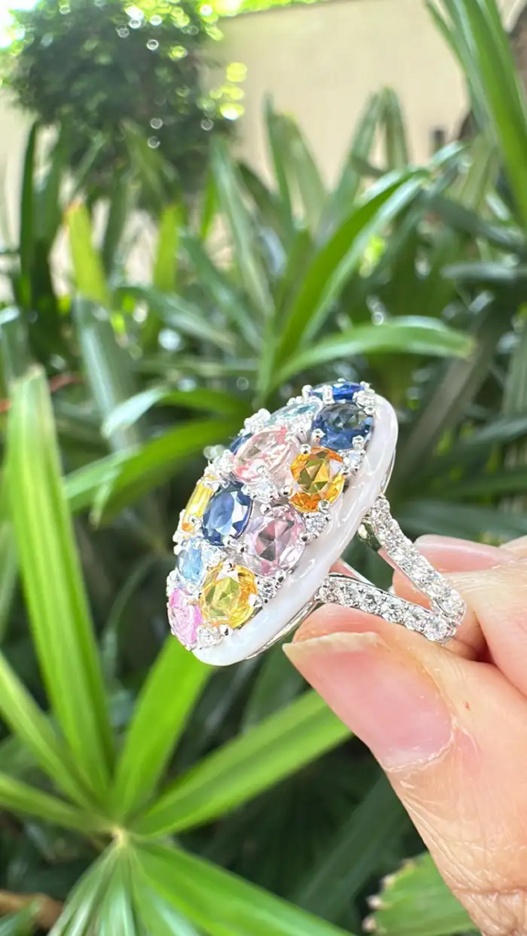 Natural Multi Sapphire & White Enamel Cocktail Ring - 18k White Gold Diamond Ring