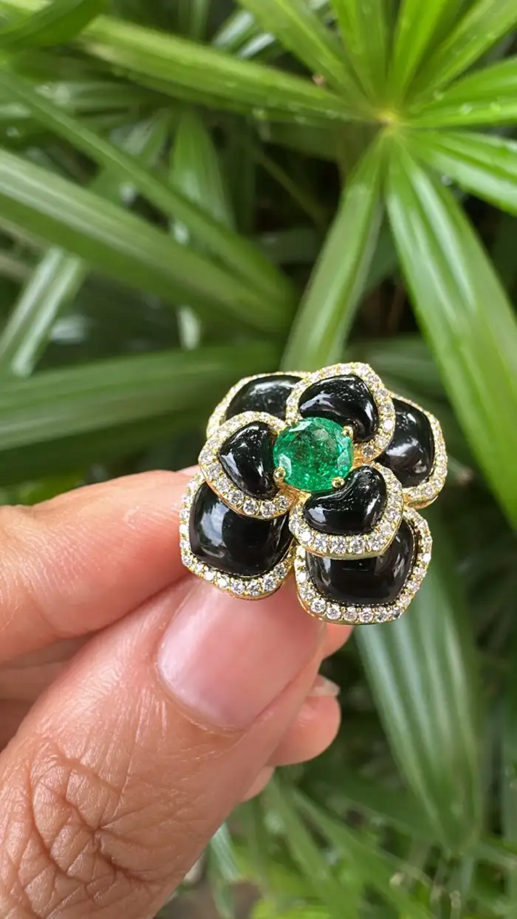 18k Yellow Gold Diamond Cocktail Ring - Natural Zambian Emerald Floral Ring