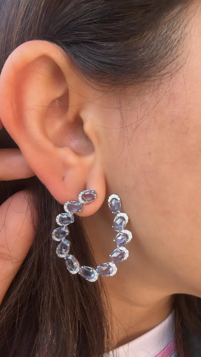 Natural Ceylon Blue Sapphire & Diamond Hoop Earrings - Solid 18k White Gold Handmade Earrings Main Image