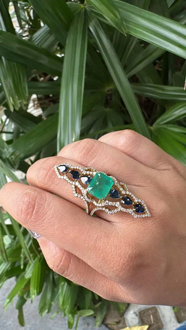 18k Yellow Gold Diamond Handmade Ring - Natural Colombian Emerald & Blue Sapphire Cocktail Ring Main Image