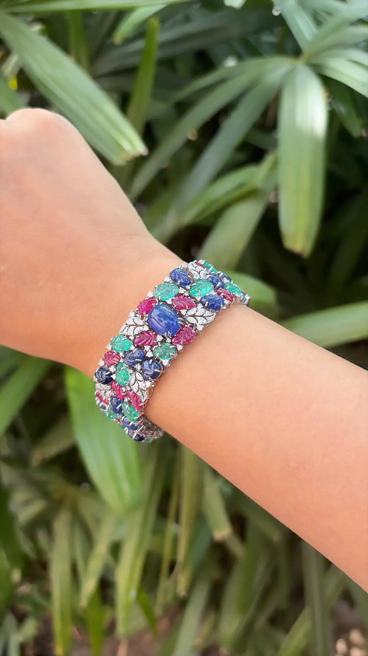 Natural Blue Sapphire, Ruby & Emerald Handmade Bracelet - 18k White Gold Diamond Bracelet