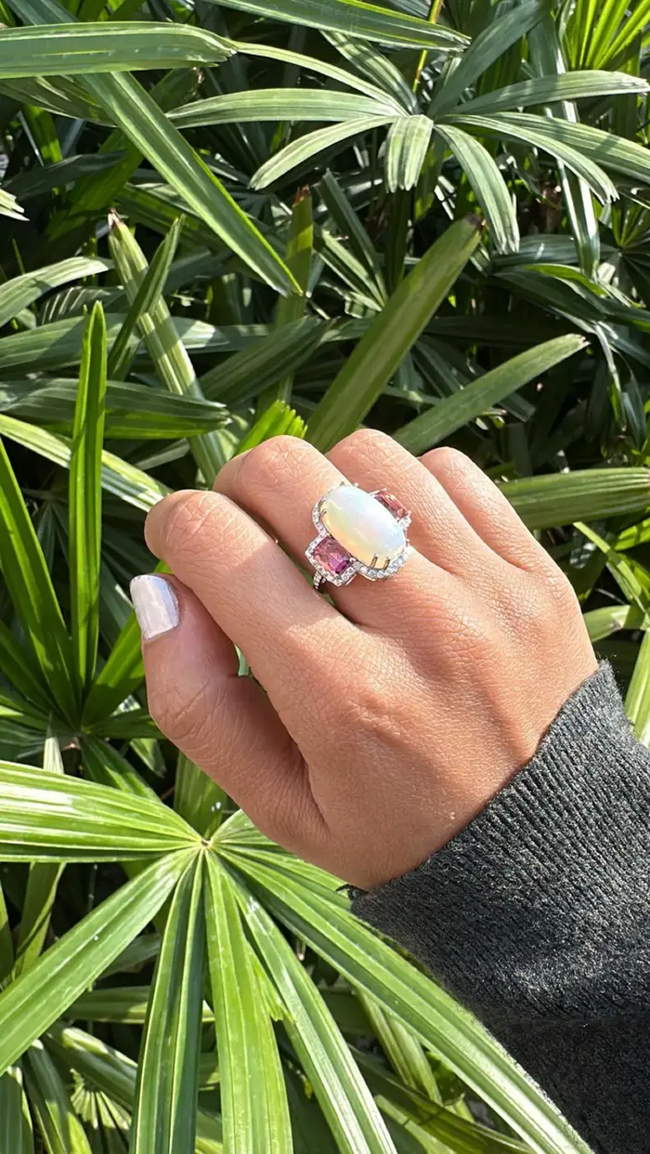 Natural Ethiopian Opal & Rubellite Statement Ring - 18k White Gold Diamond Women Ring Main Image