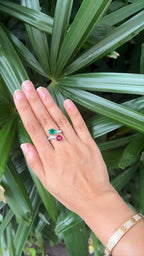 Natural Rubellite & Zambian Emerald Gemstone Ring - 18k White Gold Diamond Toi et Moi Ring