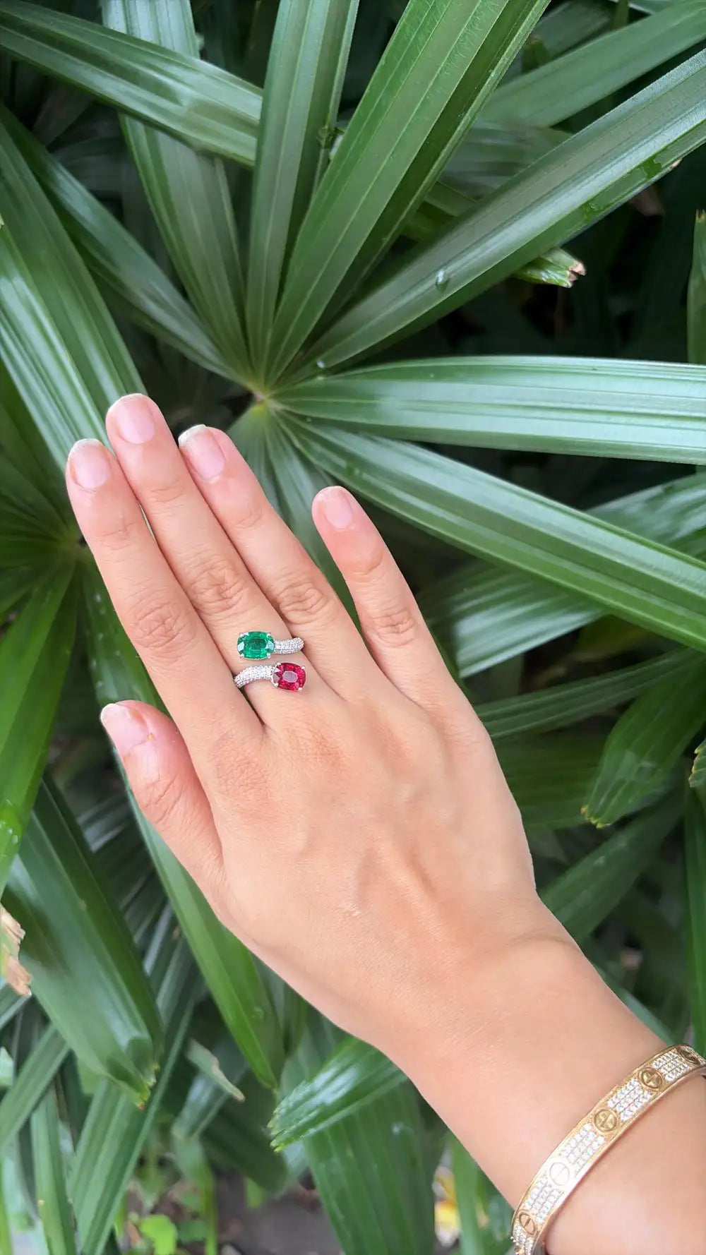 Natural Rubellite & Zambian Emerald Gemstone Ring - 18k White Gold Diamond Toi et Moi Ring