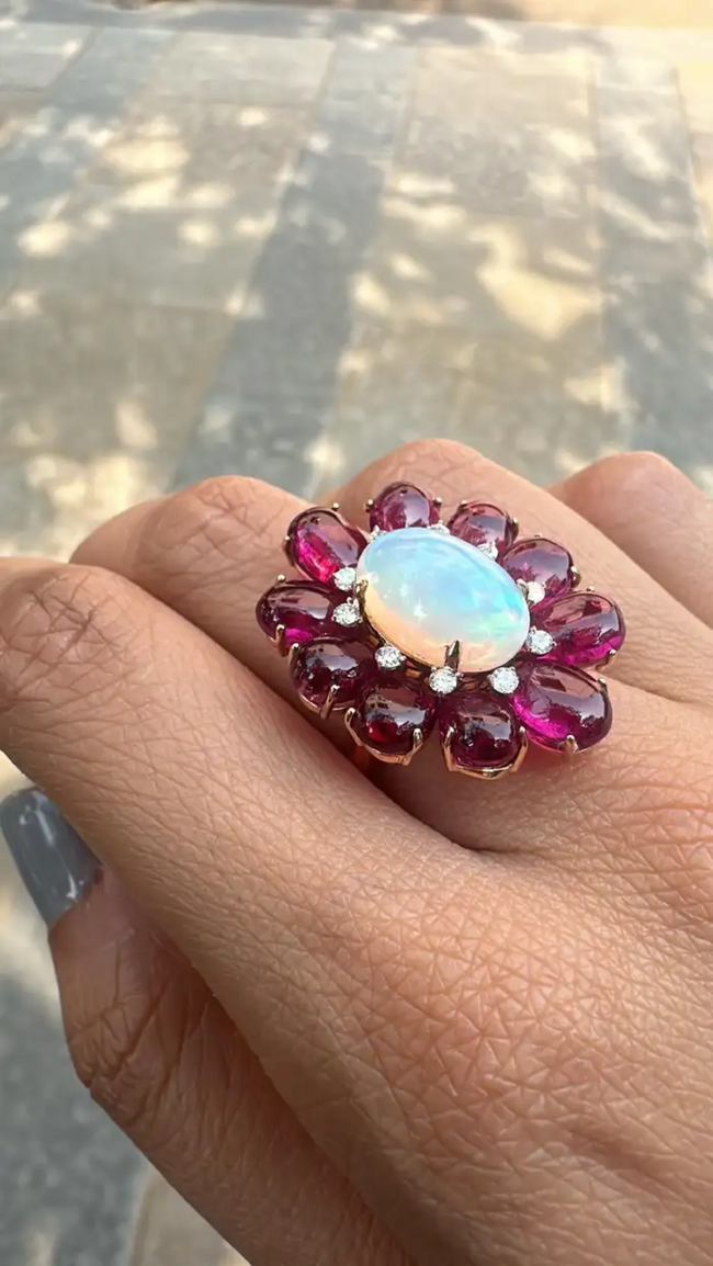 Natural Ethiopian Opal & Tourmaline Cocktail Ring - 18k White Gold Diamond Ring Main Image