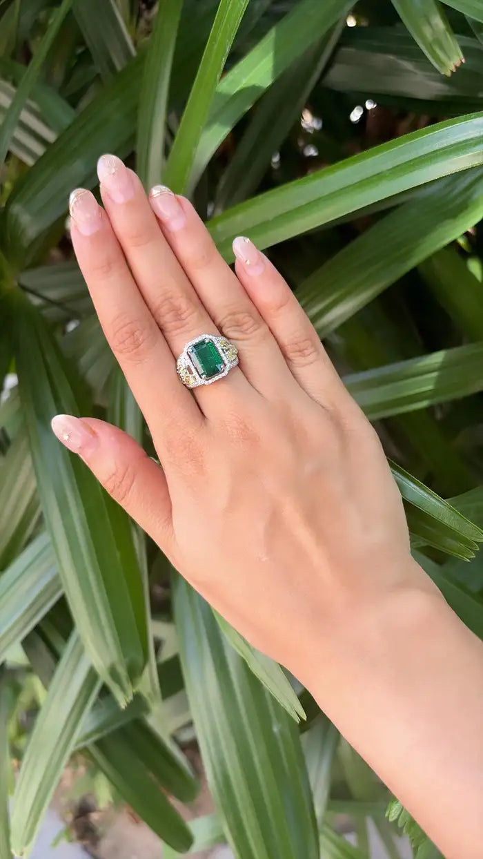 Natural Zambian Emerald Cocktail Ring - 18k White Gold Ring With Yellow Diamonds