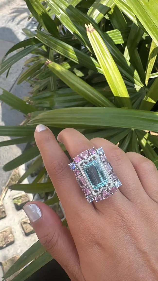 Natural Aquamarine & Multi Sapphire Gemstone Statement Ring - 18k White Gold Diamond Wedding Ring Main Image