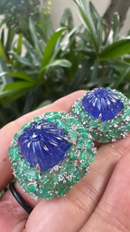 18k White Gold Diamond Stud Earrings - Hand Carved Tanzanite & Zambian Emerald Earrings