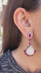 18k White Gold Diamond Earrings - Natural Ethiopian Opal & Mozambique Ruby Dangle Earrings
