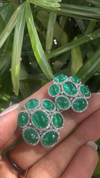 18k White Gold Diamond Stud Earrings - Natural Zambian Emerald Cabochons Earrings