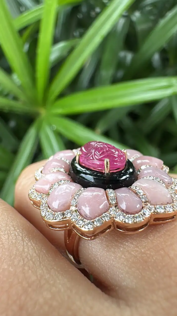 18k Yellow Gold Diamond Ring - Natural Tourmaline, Pink Opal & Black Onyx Cocktail Ring