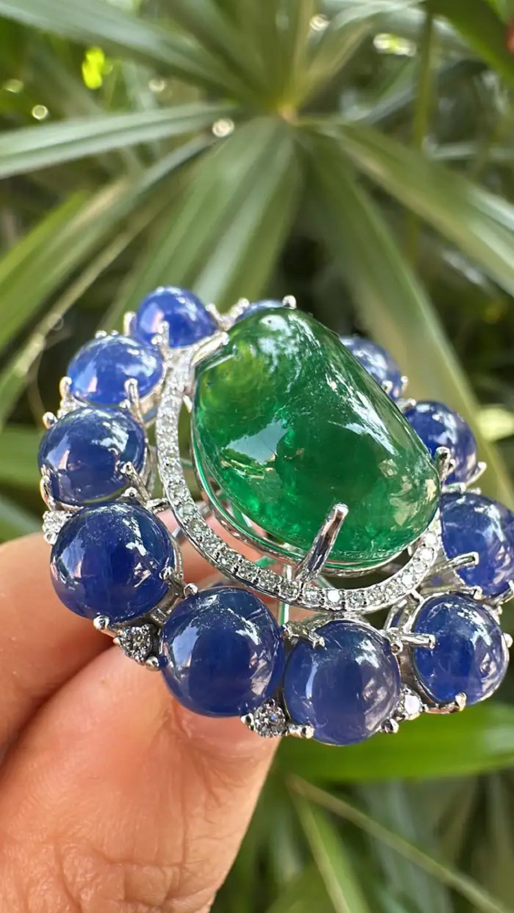 Natural Zambian Emerald & Blue Sapphire Cocktail Ring - 18k White Gold Diamond Ring