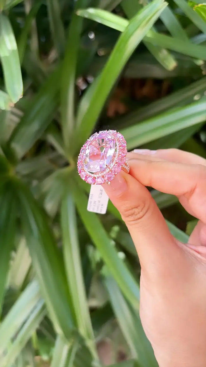 26.87 Ct. Kunzite & Pink Sapphire Cocktail Ring - 18k Rose Gold Diamond Wedding Ring