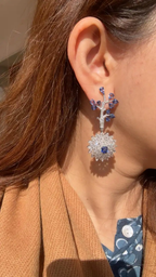 Natural Blue Sapphire Dangle Earrings - 18k White Gold Rose Cut Diamond Handmade Chandelier Earrings