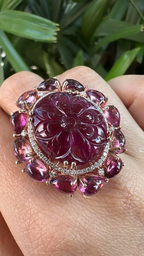 Hand Carved Tourmaline & Natural Diamond Cocktail Ring - 18k Rose Gold Ring