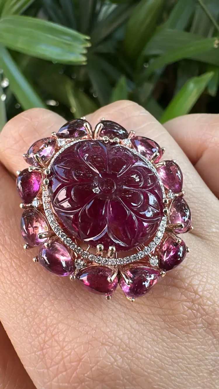 Hand Carved Tourmaline & Natural Diamond Cocktail Ring - 18k Rose Gold Ring