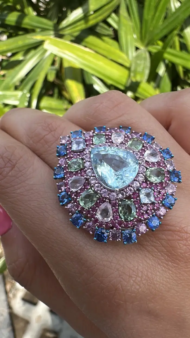 Natural Aquamarine & Multi Sapphire Gemstone Statement Ring - 18k White Gold Diamond Wedding Ring Main Image